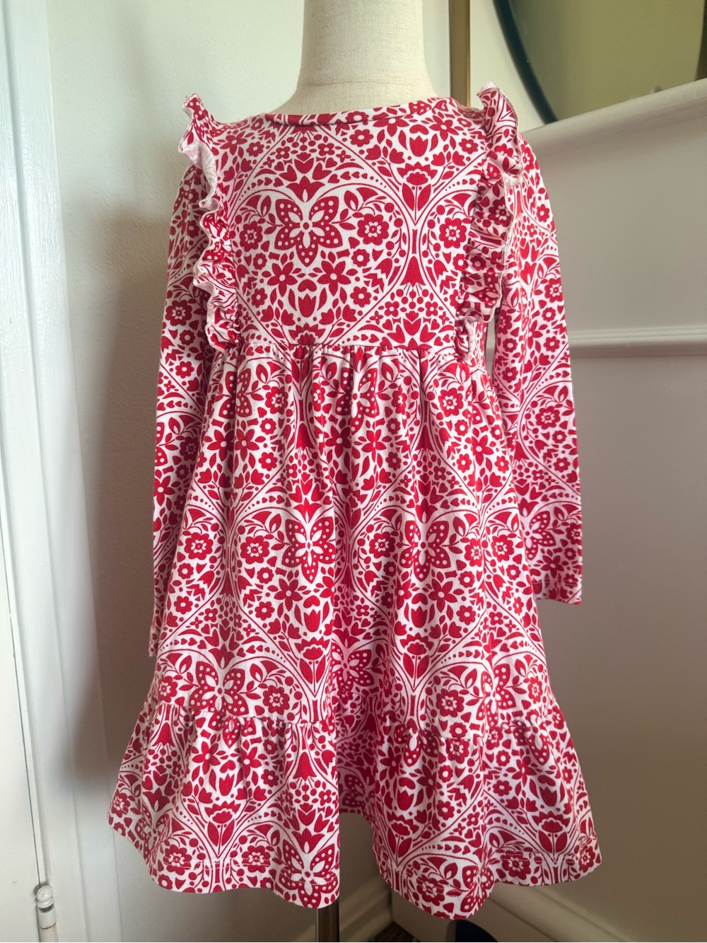Mini Boden Girls 4-5Y Red White Floral Ruffle Long Sleeve Twirl Dress